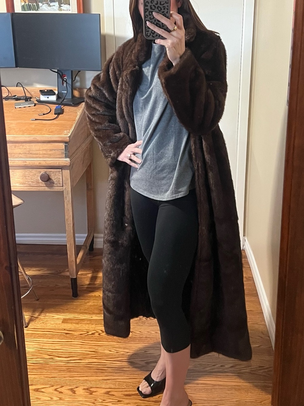 Women's Long Dark Brown Faux Fur Coat – Classic Full-Length Cape